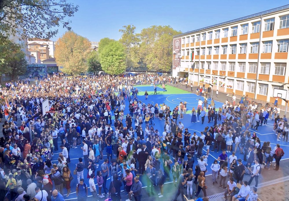 General view of the courtyard with students, teachers and parents at the opening of the school year at an English language school in Sofia, Bulgaria