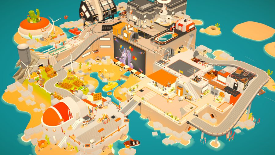 Noun Town gameplay screenshot showing an overhead view of the open explorable island world