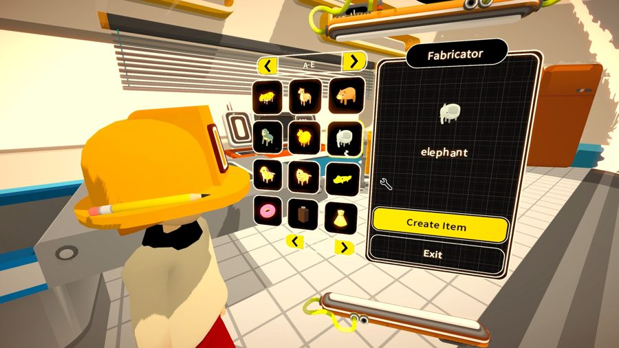 Noun Town gameplay screenshot showing a fabricator menu where a player creates the word elephant from a small set of icons