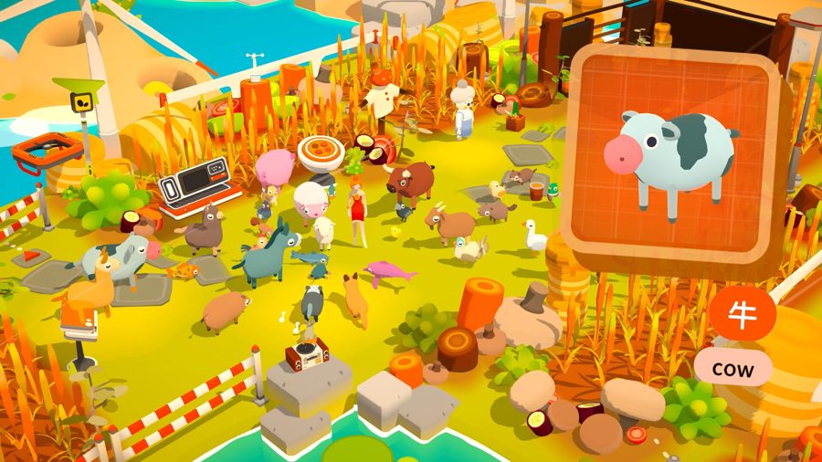 Noun Town gameplay screenshot showing farm animals on an island with a labelled word card for cow