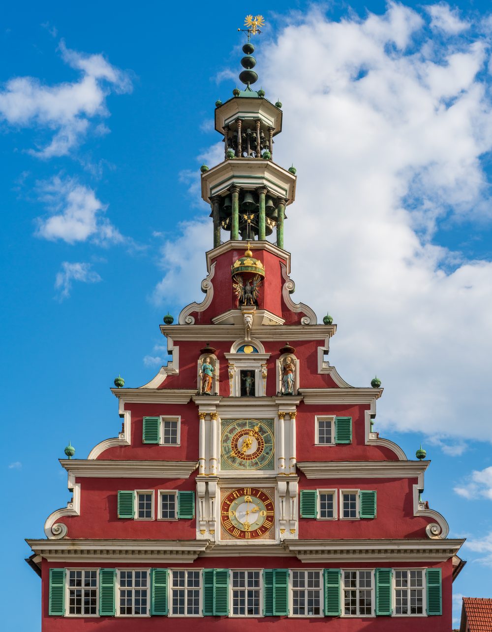 Glockenspiel clock tower on the old town hall in Esslingen, Germany, lit by evening sun