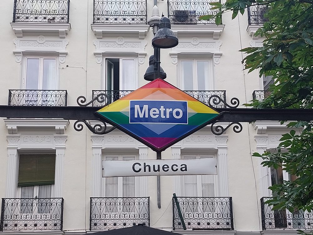 Street sign near Chueca metro station in Madrid, Spain
