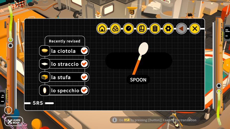 Noun Town gameplay screenshot showing a spaced repetition review screen with recently revised vocabulary