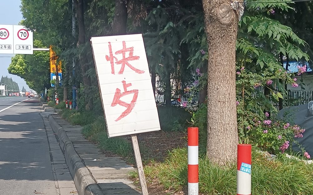 Handwritten Chinese character sign on a tree lined street in Nanjing, China