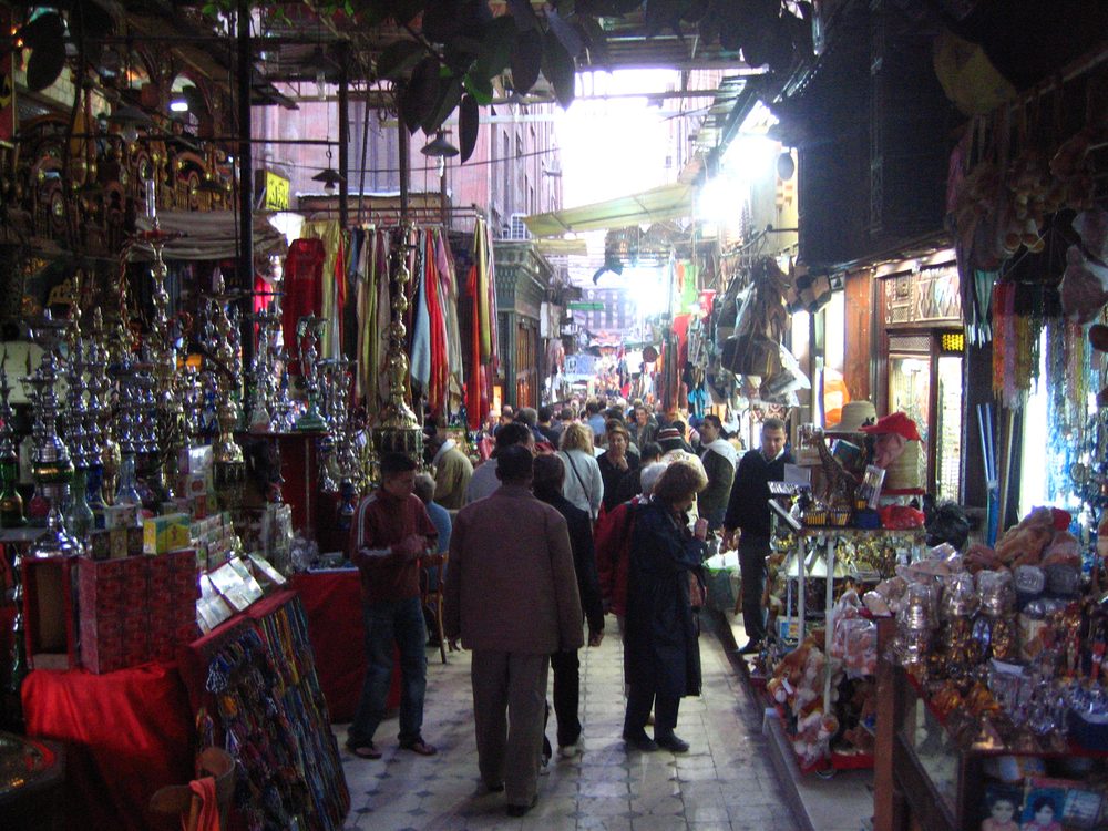 Stalls and shoppers in the Khan el-Khalili market in Cairo, Egypt