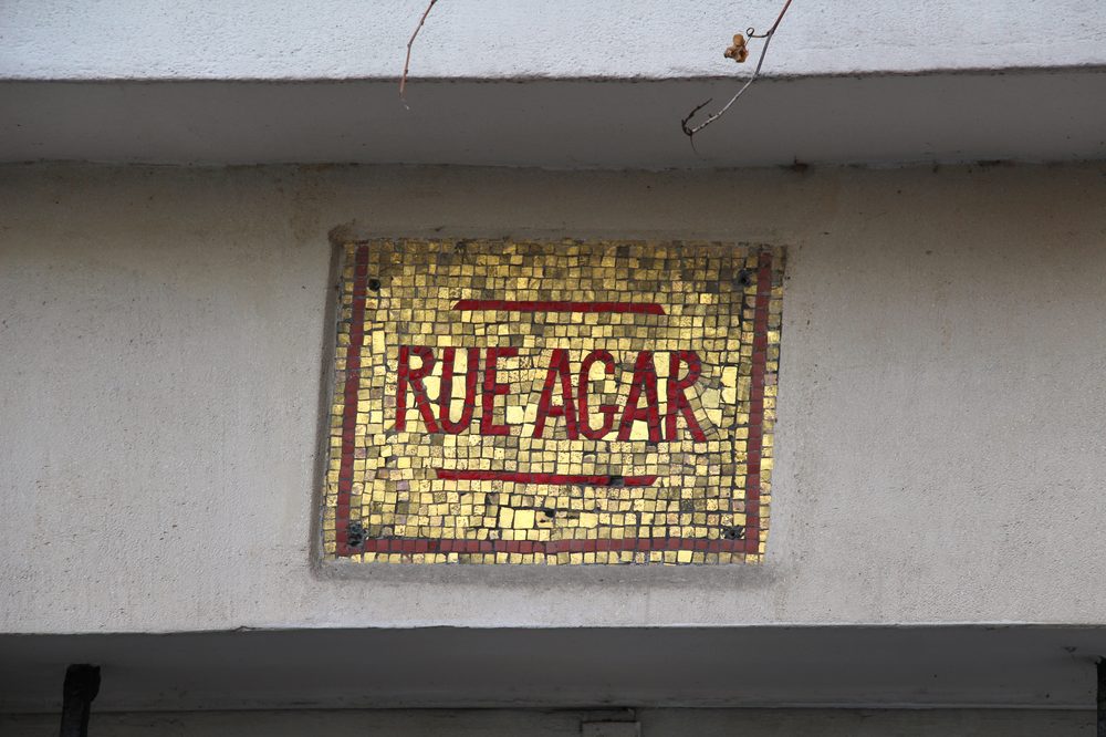 Street sign for rue Agar in Paris, France