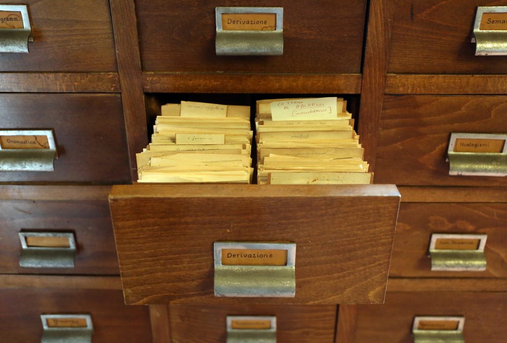 Old card catalogue archive at the Accademia della Crusca, Italy's official academy for the Italian language, housed at Villa di Castello