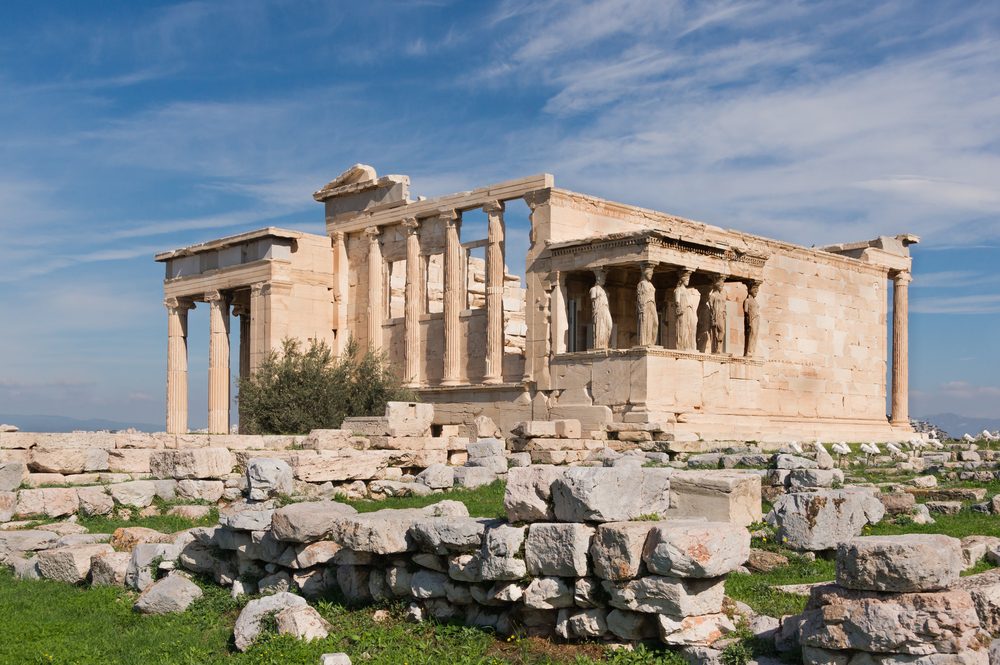 The Erechtheum temple on the Acropolis in Athens, Greece, representing Greek language and culture