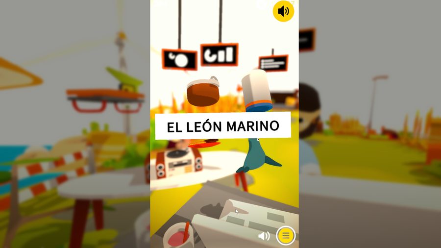 Noun Town Learn and Chill screenshot showing the Spanish phrase el leon marino, meaning sea lion, during a vocabulary session