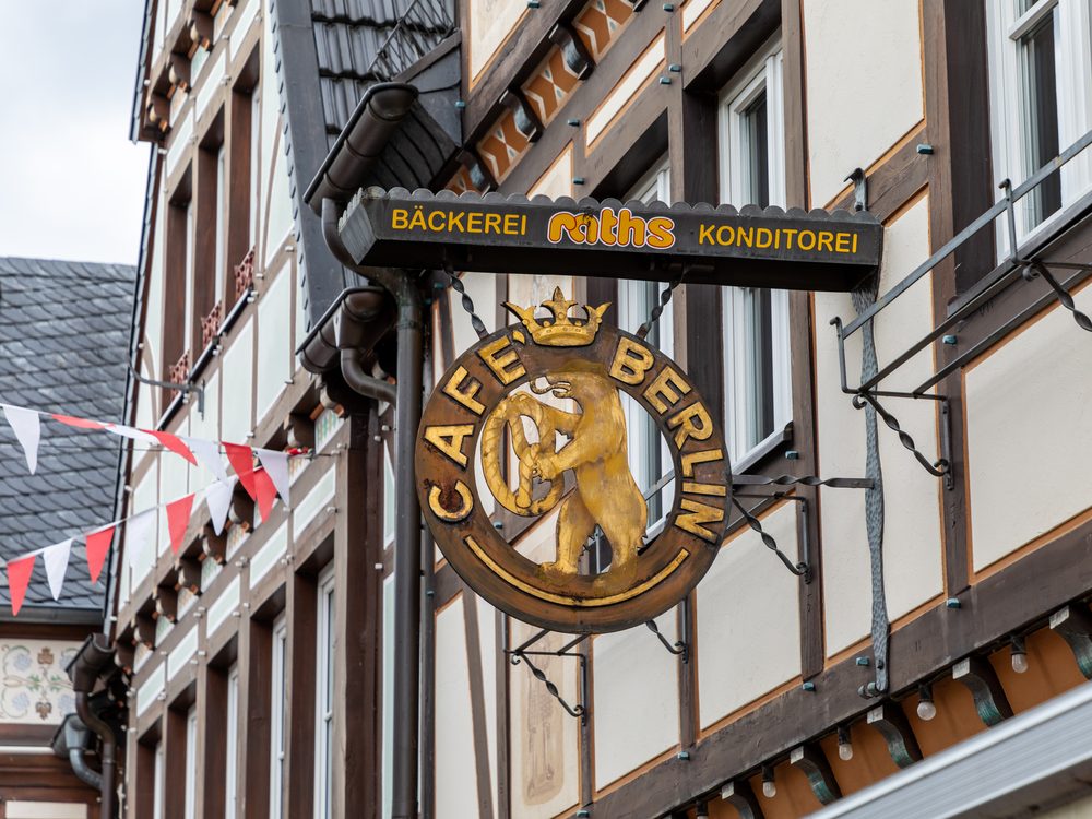 A traditional German bakery shopfront with signage, a common setting for everyday German vocabulary