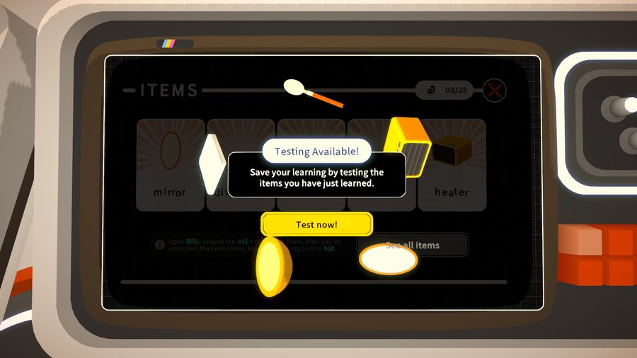 Noun Town gameplay screenshot from the Steam store page showing the in-game vocabulary review and testing screen
