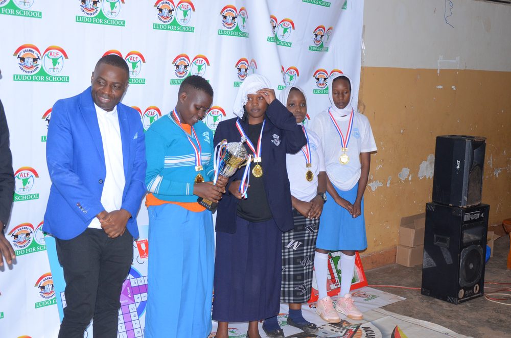 Trophy and medals awarded to school competition winners