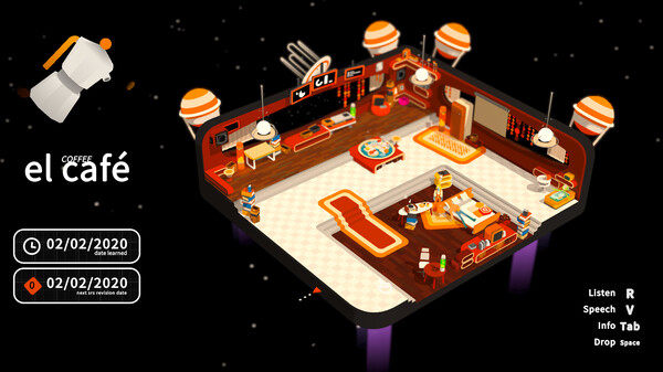 The cafe area of Noun Town with a Spanish vocabulary card and spaced-repetition dates